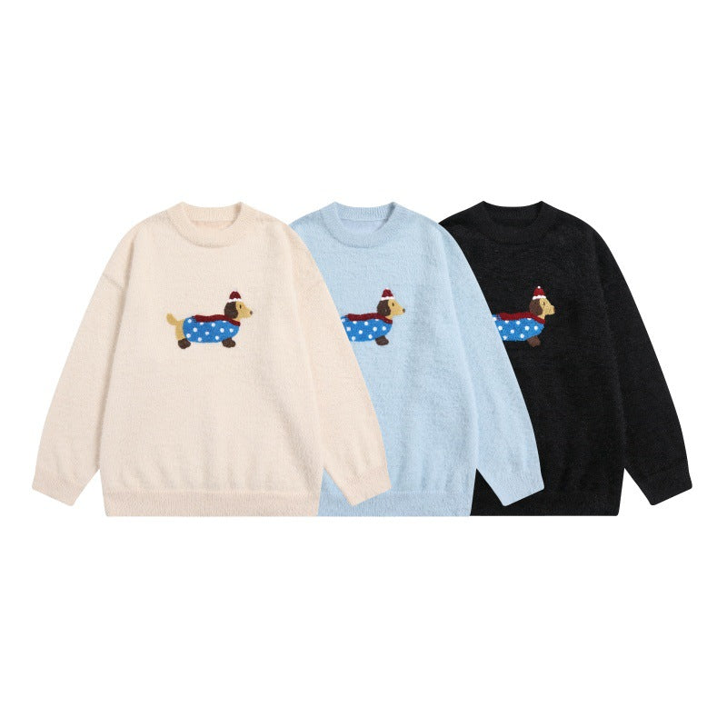 Imitation mink fur sausage dog towel embroidered round neck pullover sweater knitted sweater