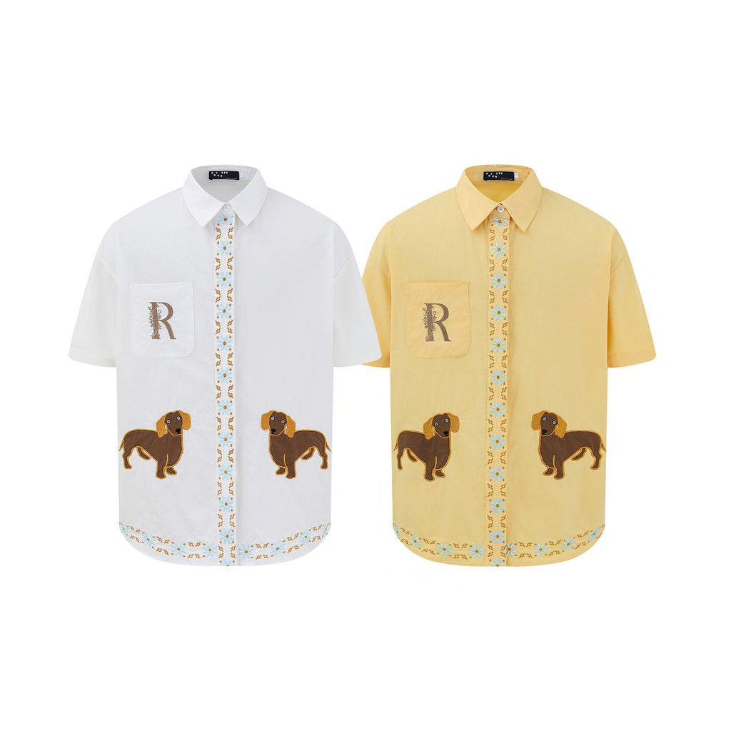 Cute Dog Ethnic Embroidery Short Sleeve Shirt Unisex Summer Loose Lazy Style Couple Blouse
