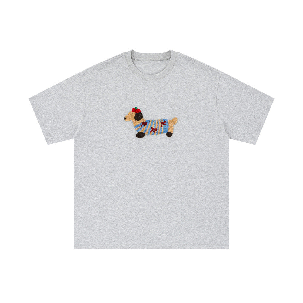 Sausage Dog Flocking Embroidery Short Sleeve T-Shirt Unisex INS Casual Loose Pure Cotton Top Summer Tee Street Fashion