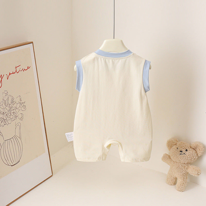 Cute Summer Baby Sleeveless Wide Shoulder Romper with Dog Diary Design for Boys and Girls