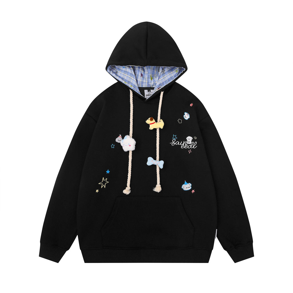 Cute Dog Embroidery Design Hooded Sweatshirt with Drawstring