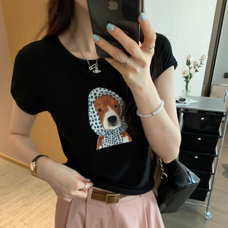 Cute Dog Print Round Neck Regular Fit Short Sleeve T-Shirt