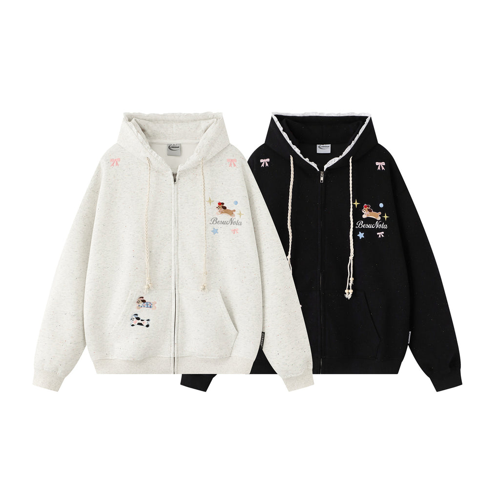 Cute Dog Embroidery Hoodie Open Front Sweatshirt Men