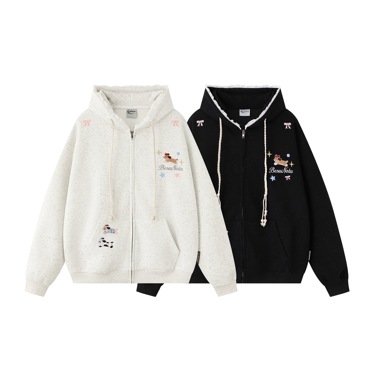 Cute Dog Embroidery Hoodie Open Front Sweatshirt Men