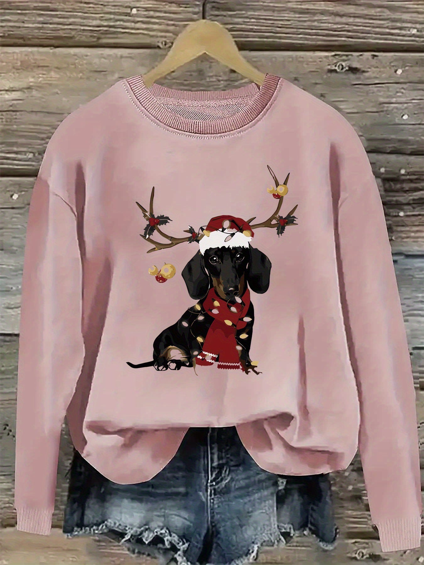 Women'S Christmas Dachshund Sweatshirt, Polyester  Crew