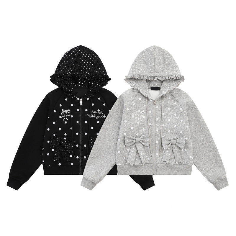 Hoodie pocket bow zipper cardigan jacket