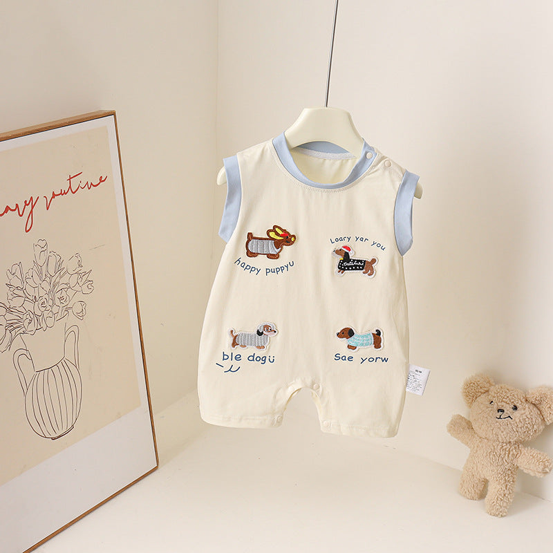 Cute Summer Baby Sleeveless Wide Shoulder Romper with Dog Diary Design for Boys and Girls