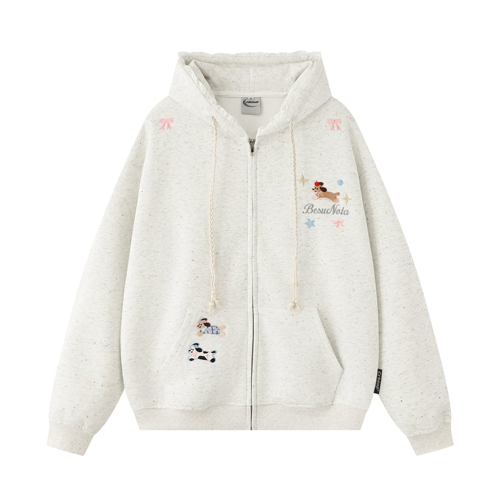 Cute Dog Embroidery Hoodie Open Front Sweatshirt Men