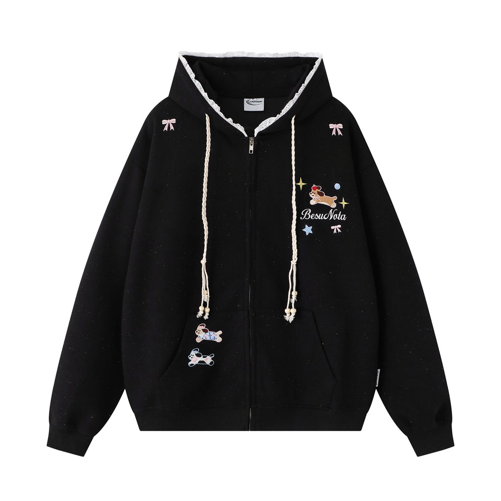 Cute Dog Embroidery Hoodie Open Front Sweatshirt Men