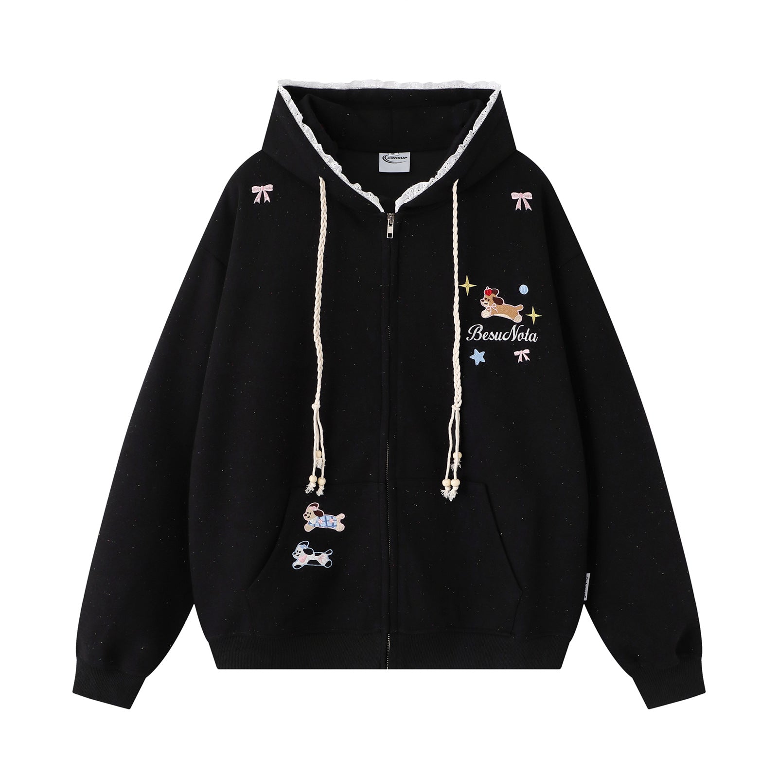 Cute Dog Embroidery Hoodie Open Front Sweatshirt Men