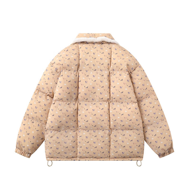 Cute and Sweet All-Over Cartoon Dog Print Padded Coat  Thick Warm Turn-down Collar Cotton Coat