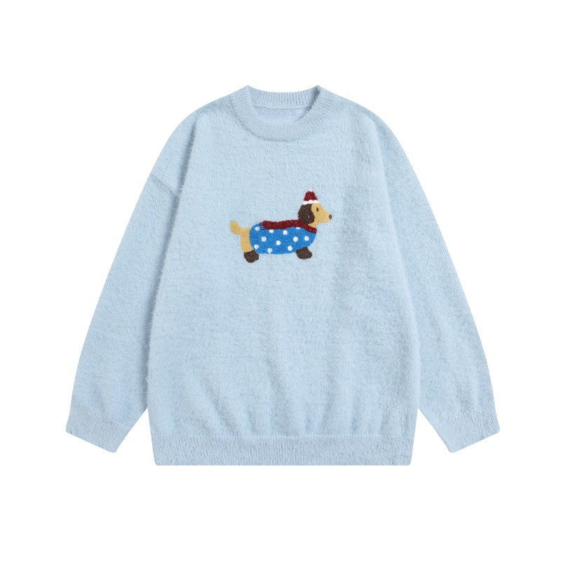 Imitation mink fur sausage dog towel embroidered round neck pullover sweater knitted sweater