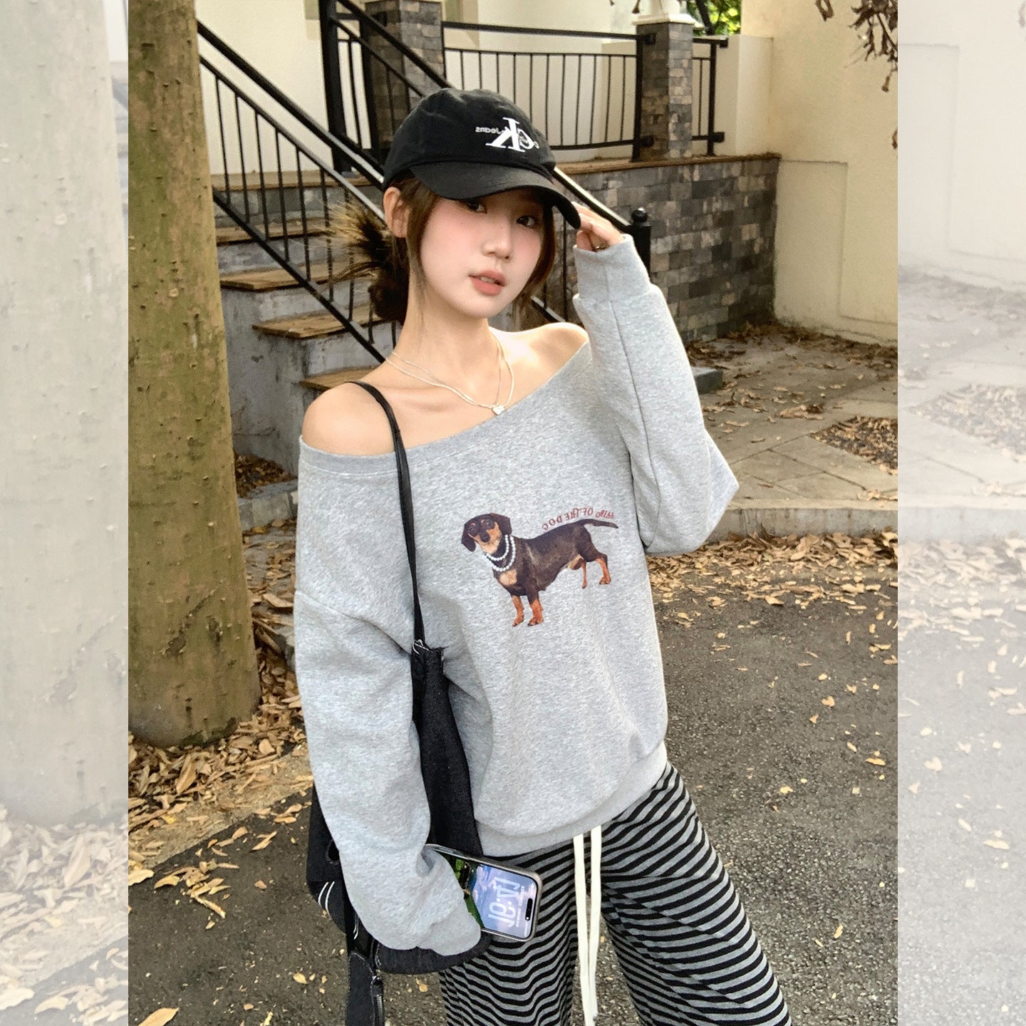 Loose Long Sleeve Hoodie with Dog Print