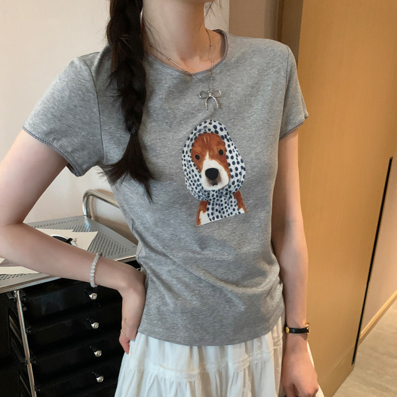 Cute Dog Print Round Neck Regular Fit Short Sleeve T-Shirt