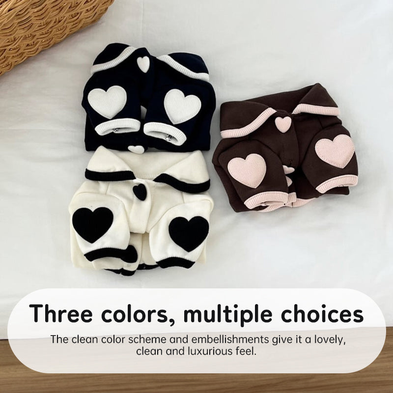 Pet pajamas, plush onesie, Bichon warm vest, heart-print winter dog clothes, two-leg snap-button puppy outfits.