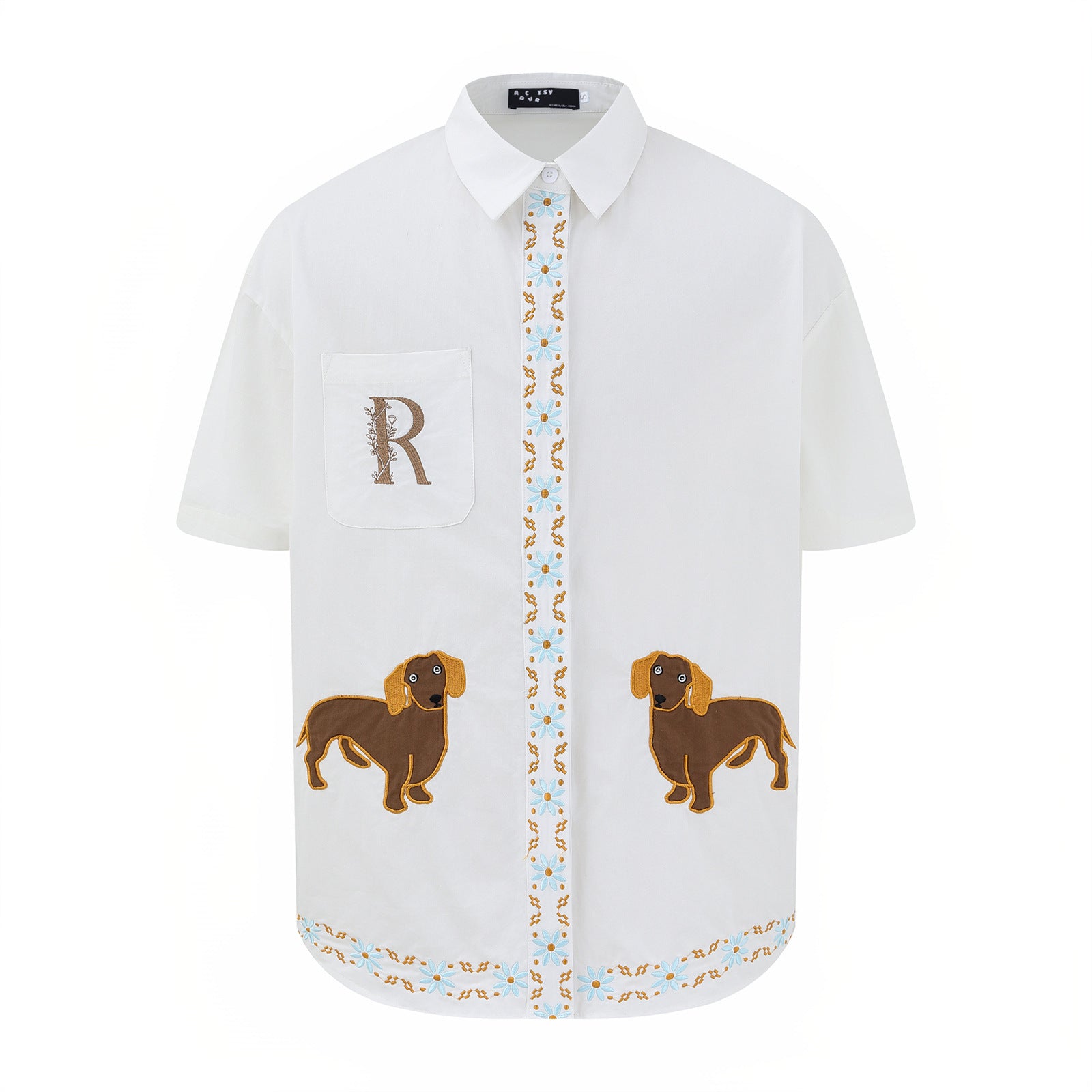 Cute Dog Ethnic Embroidery Short Sleeve Shirt Unisex Summer Loose Lazy Style Couple Blouse