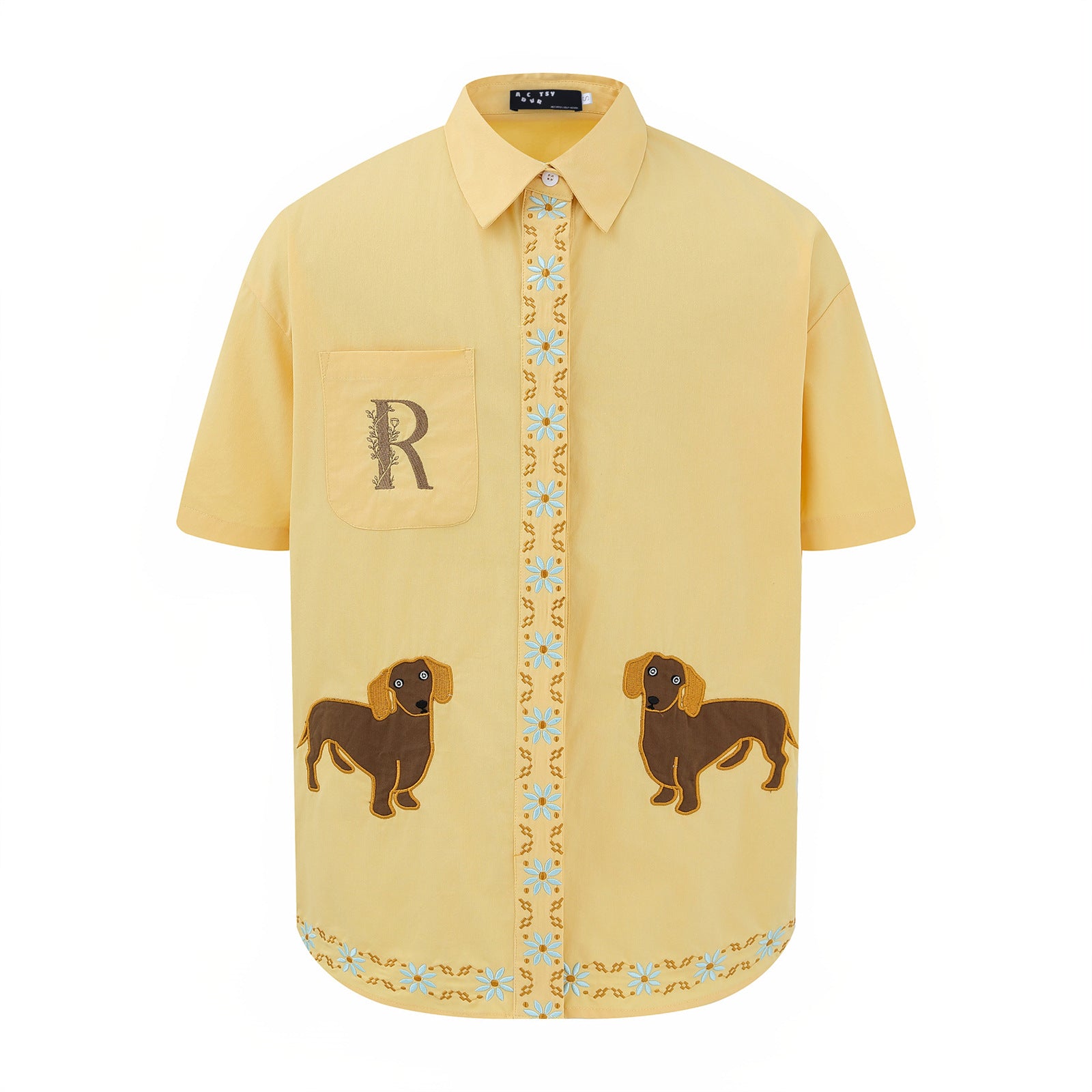Cute Dog Ethnic Embroidery Short Sleeve Shirt Unisex Summer Loose Lazy Style Couple Blouse