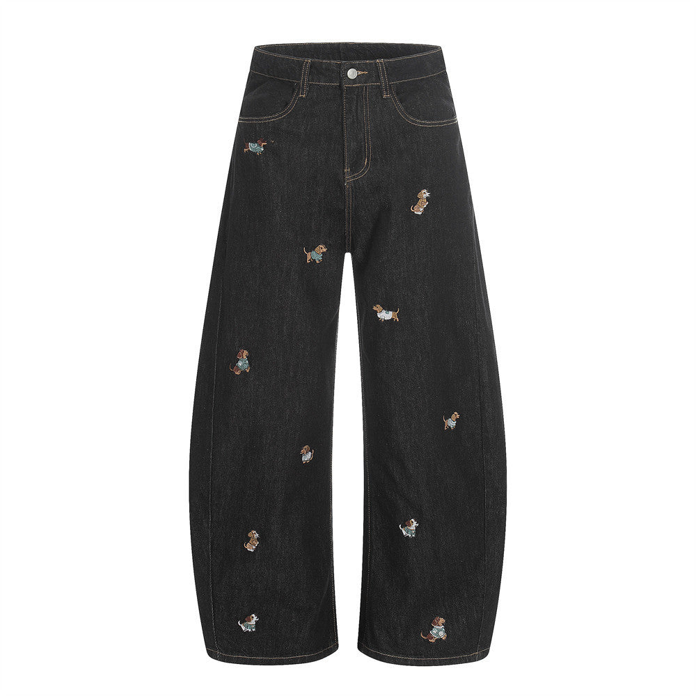 Dog embroidery cartoon curved knife jeans
