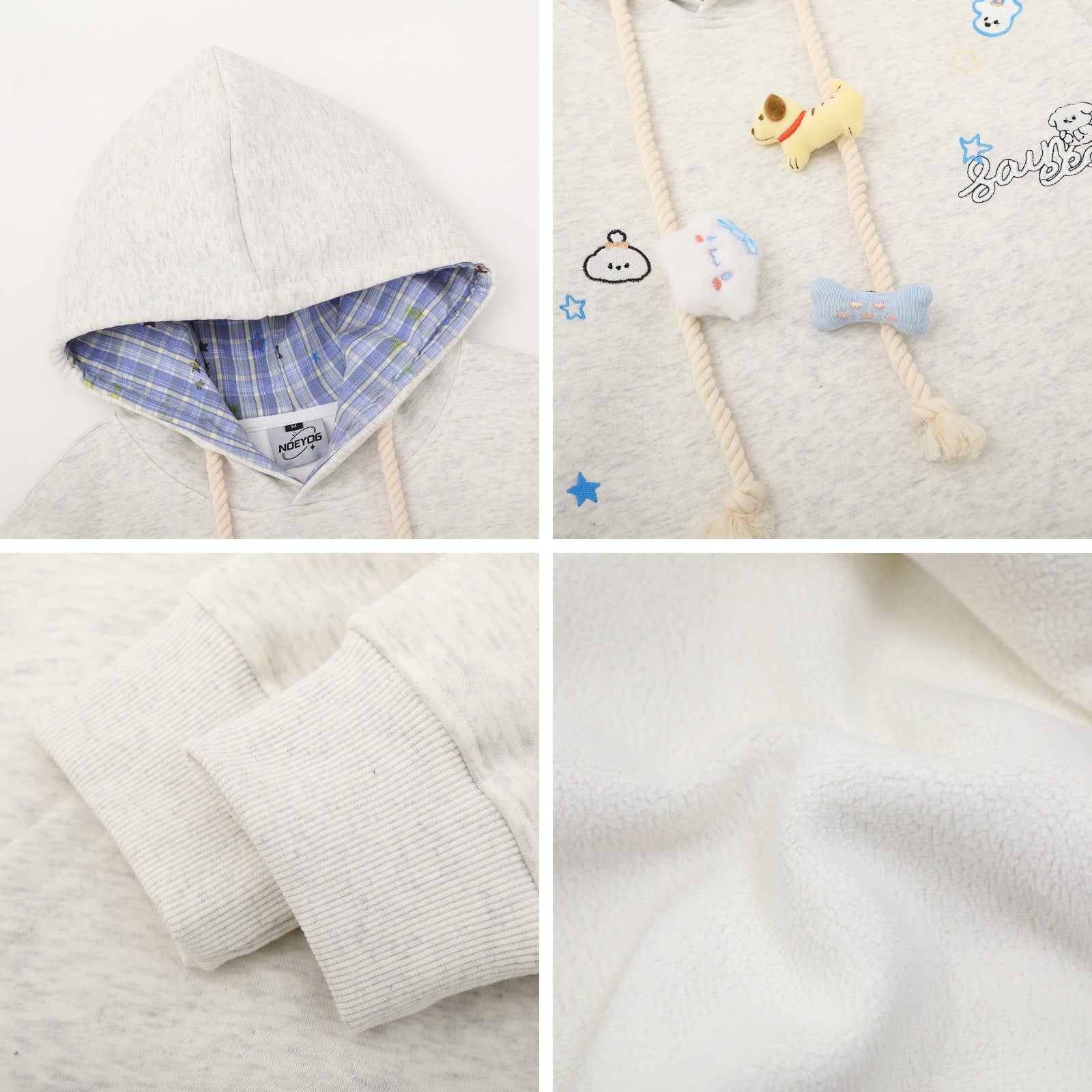 Cute Dog Embroidery Design Hooded Sweatshirt with Drawstring