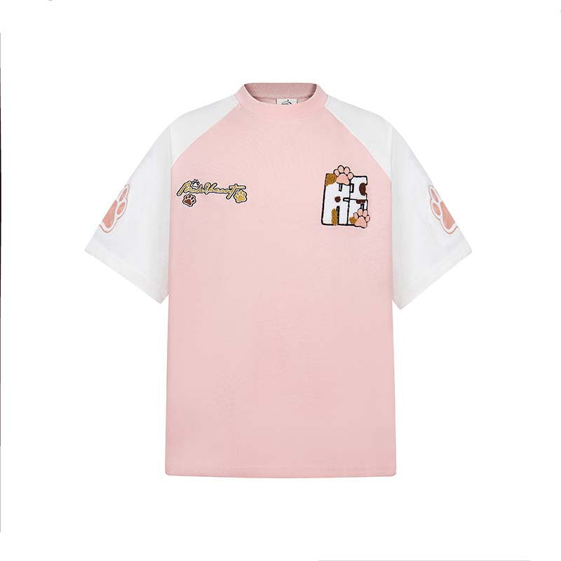 Plush embroidery cute patchwork color blocking dog paw short sleeved shirt