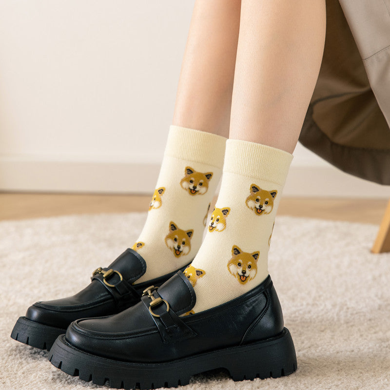 New Cute Cartoon Dog Middle Tube Socks Japanese Ins Creative Female Sokken Shiba Inu Dalmatian Malzis Teddy Pomeranian socks