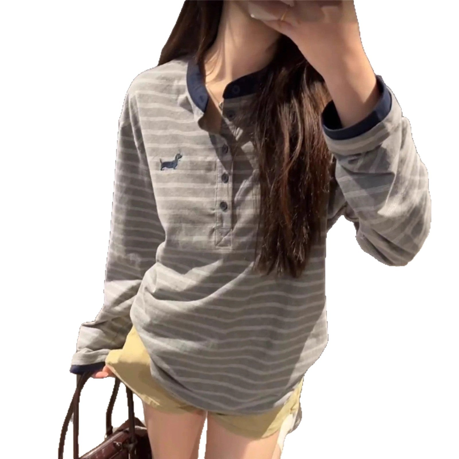 Retro Patchwork Cute Dog Stripe Henley Neck Long Sleeve T-shirt for Women