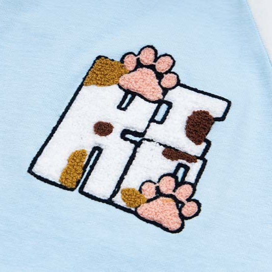 Plush embroidery cute patchwork color blocking dog paw short sleeved shirt