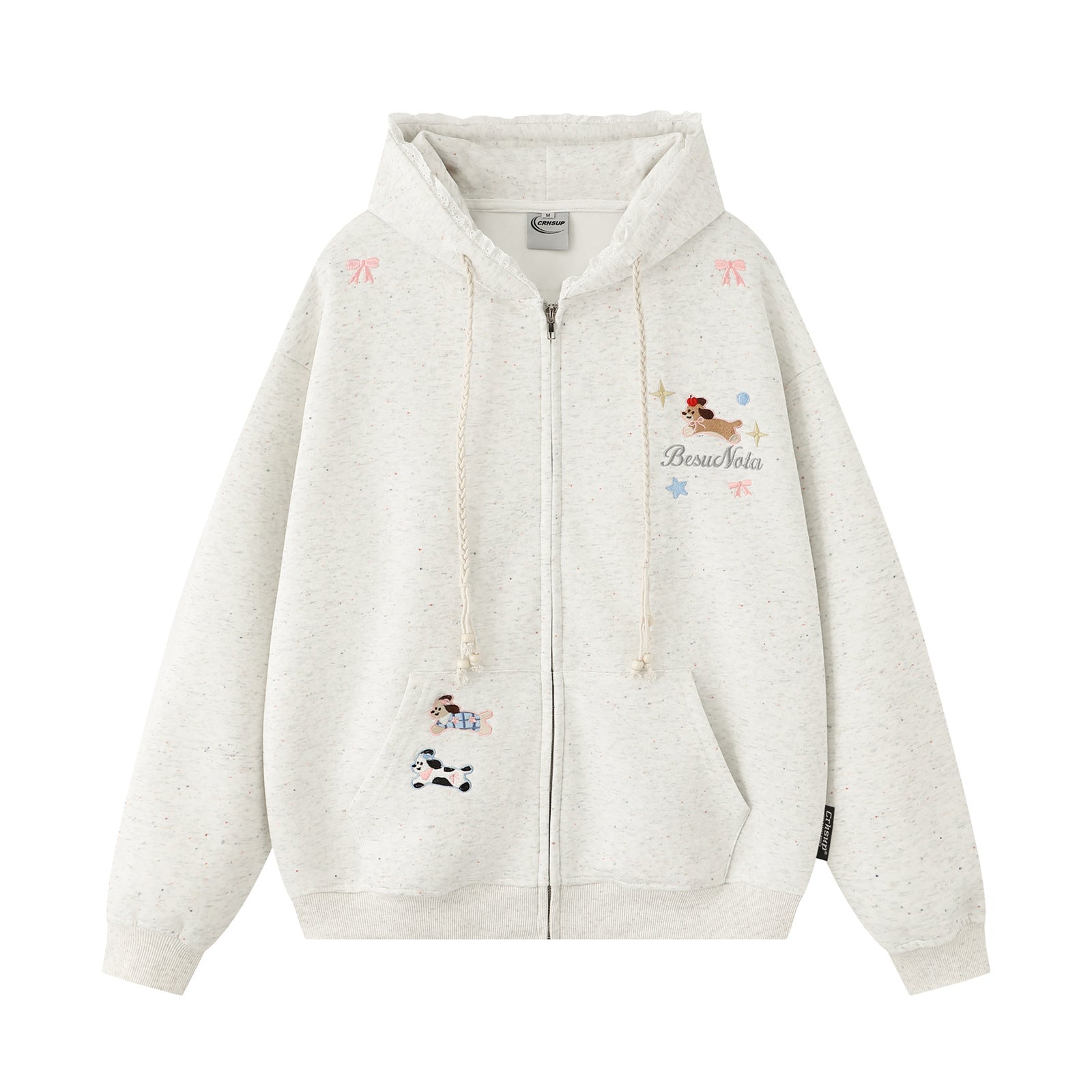 Cute Dog Embroidery Hoodie Open Front Sweatshirt Men
