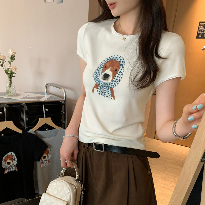 Cute Dog Print Round Neck Regular Fit Short Sleeve T-Shirt