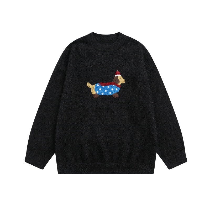 Imitation mink fur sausage dog towel embroidered round neck pullover sweater knitted sweater