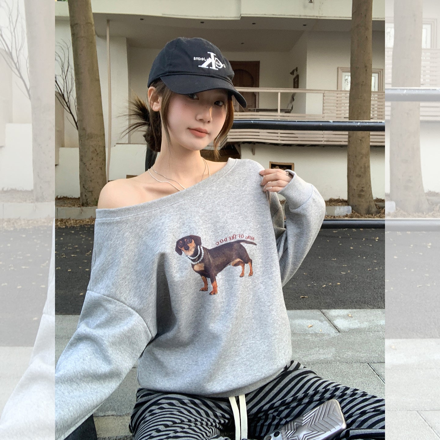 Loose Long Sleeve Hoodie with Dog Print