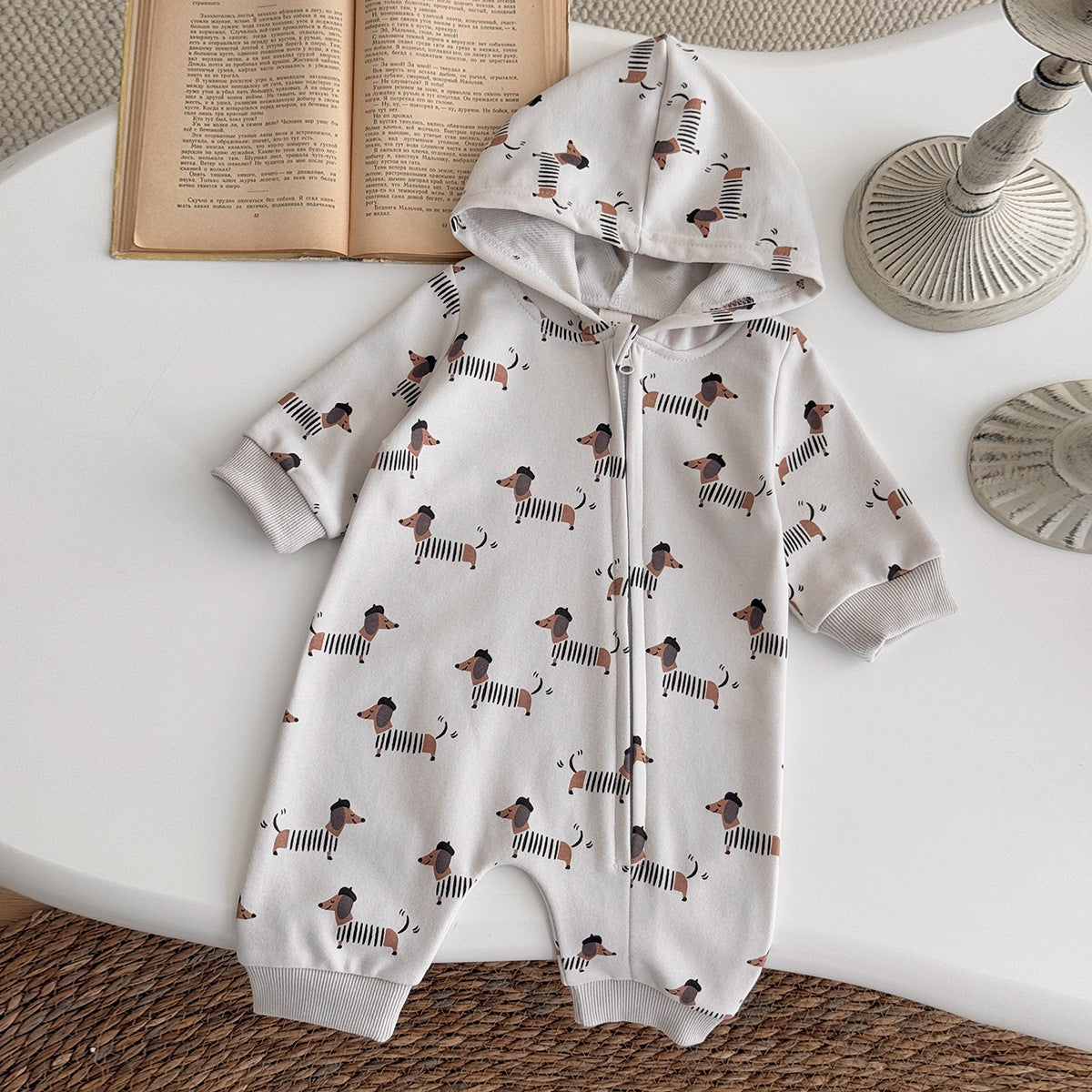 Long sleeved jumpsuit with sausage and dog print zipper style climbing suit