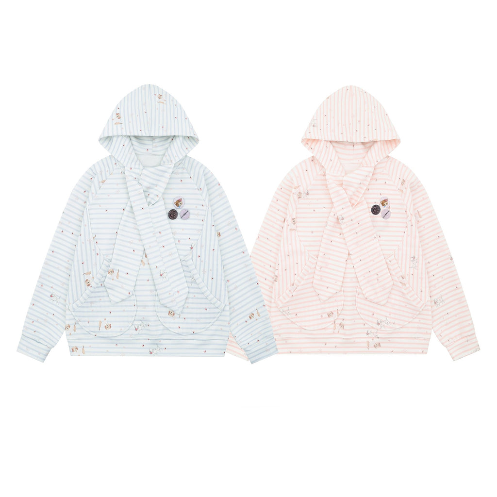 Cute Watermark Stripe Dog Tie-Up Hoodie for Women, Loose BF Lazy Style Lightweight Outerwear