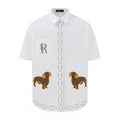 Cute Dog Ethnic Embroidery Short Sleeve Shirt Unisex Summer Loose Lazy Style Couple Blouse