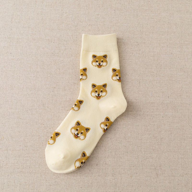 New Cute Cartoon Dog Middle Tube Socks Japanese Ins Creative Female Sokken Shiba Inu Dalmatian Malzis Teddy Pomeranian socks