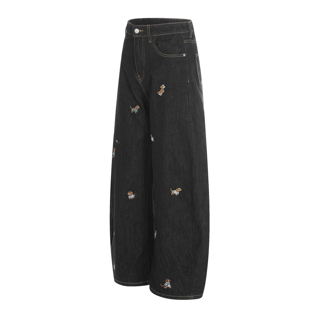 Dog embroidery cartoon curved knife jeans