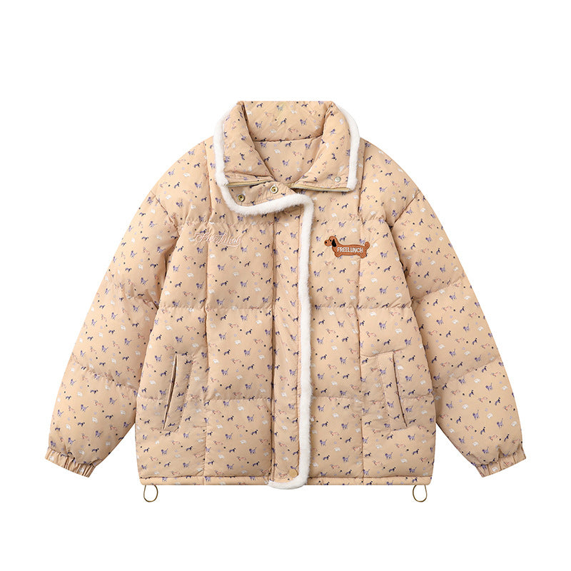 Cute and Sweet All-Over Cartoon Dog Print Padded Coat  Thick Warm Turn-down Collar Cotton Coat