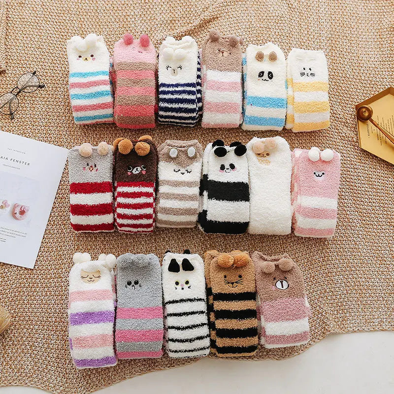 Party funny stretch socks Ladies winter coral fleece cute cartoon floor socks women cat claw van gogh socks meias glitter